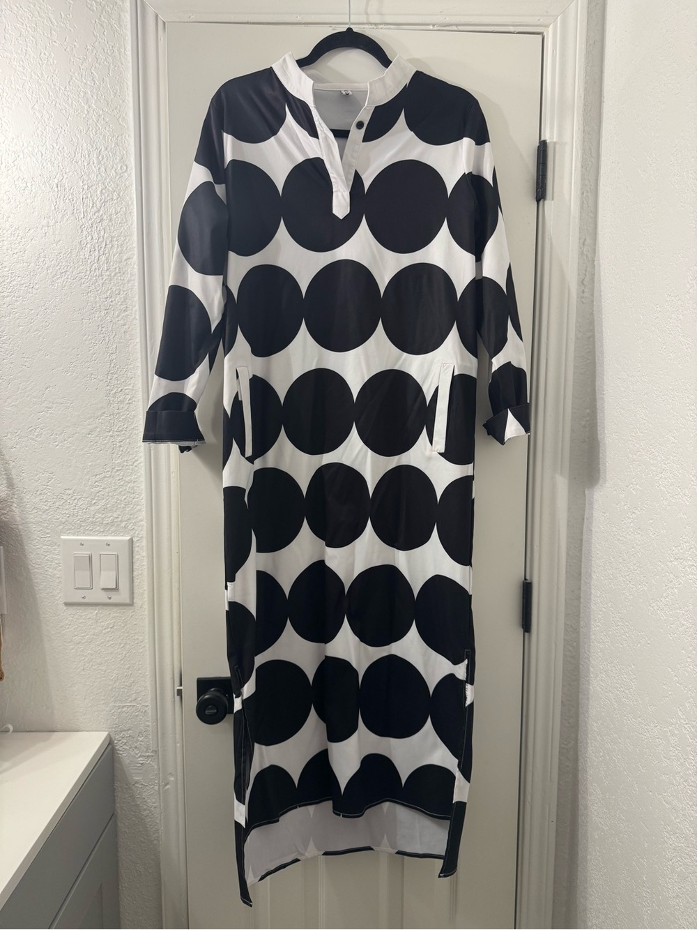 Black & White Polka Dot Midi Dress with Button Placket